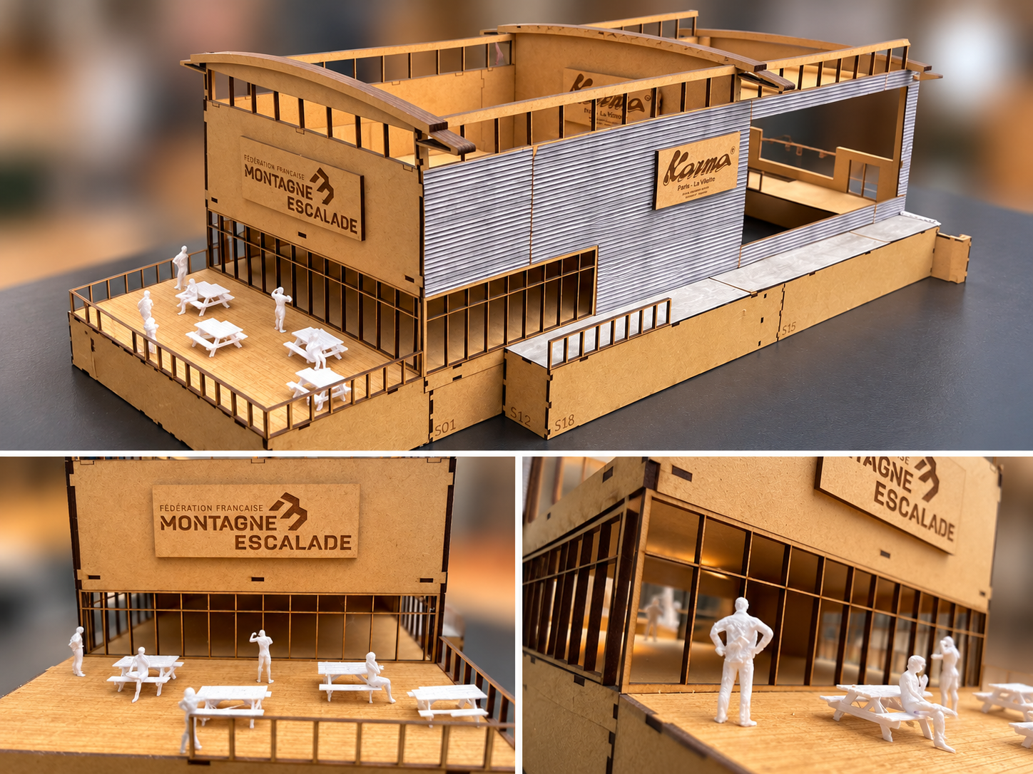 Maquette architecturale en bois découpé au laser : vue d’ensemble du bâtiment avec les enseignes Fédération Française Montagne Escalade et Karma gravées, terrasse animée de personnages miniatures imprimés en 3D, et détails de la façade vitrée et de la terrasse