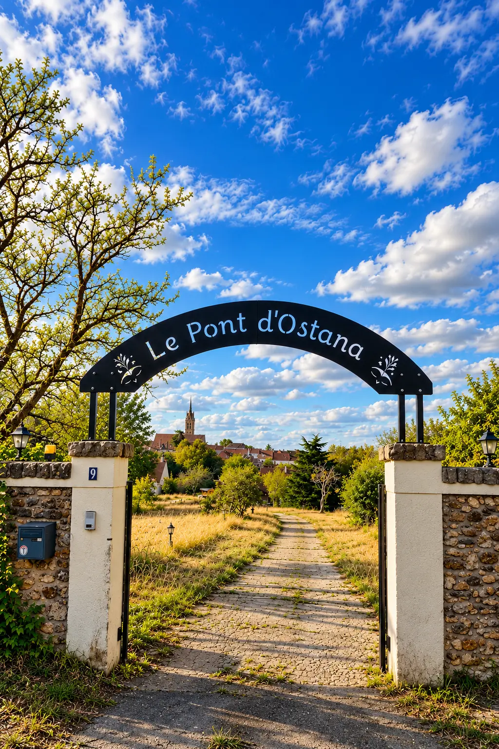 Arche métallique « Le Pont d'Ostana » installée entre les deux piliers en pierre à l'entrée de la propriété